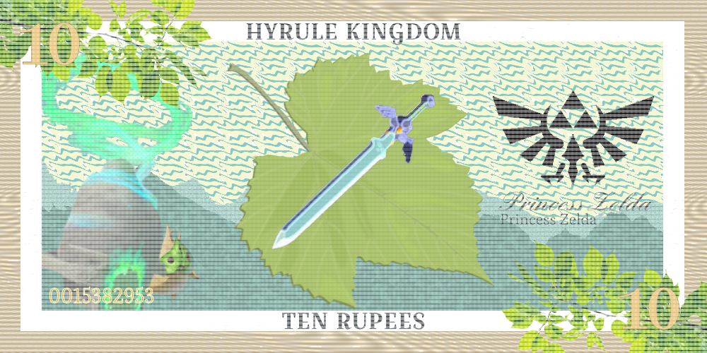 Fictional dollar bill featuring the Master Sword and a korok leaf (Legend of Zelda)